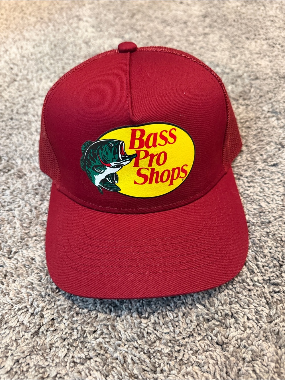 Bass Pro Shops Maroon Cap with Yellow Logo and Green Bass